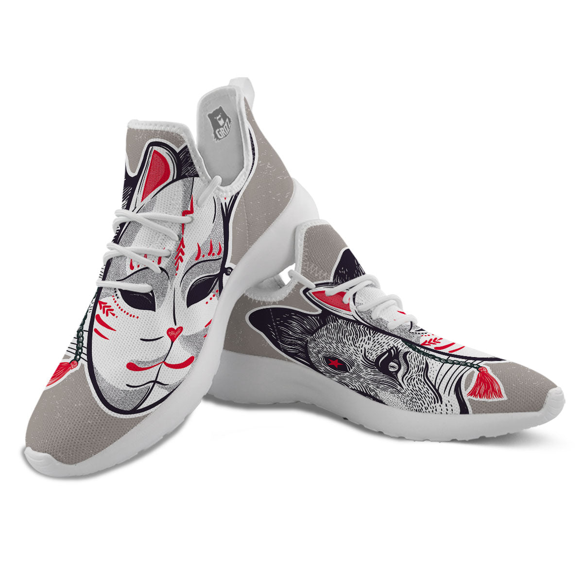 Mask Japanese Fox Print White Athletic Shoes-grizzshop