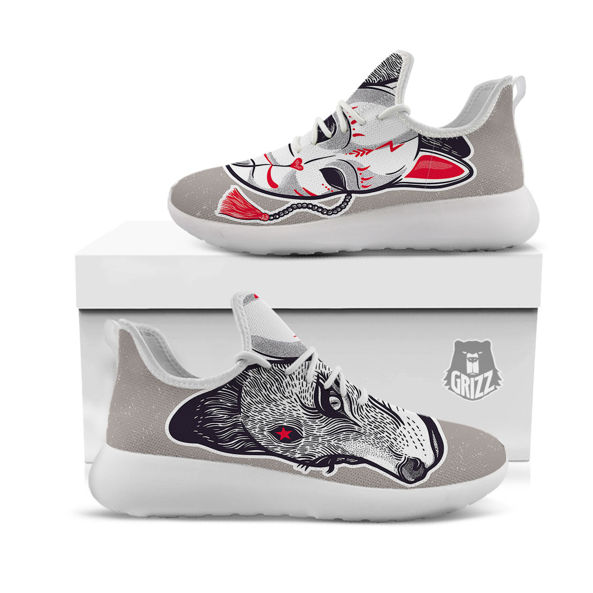 Mask Japanese Fox Print White Athletic Shoes-grizzshop