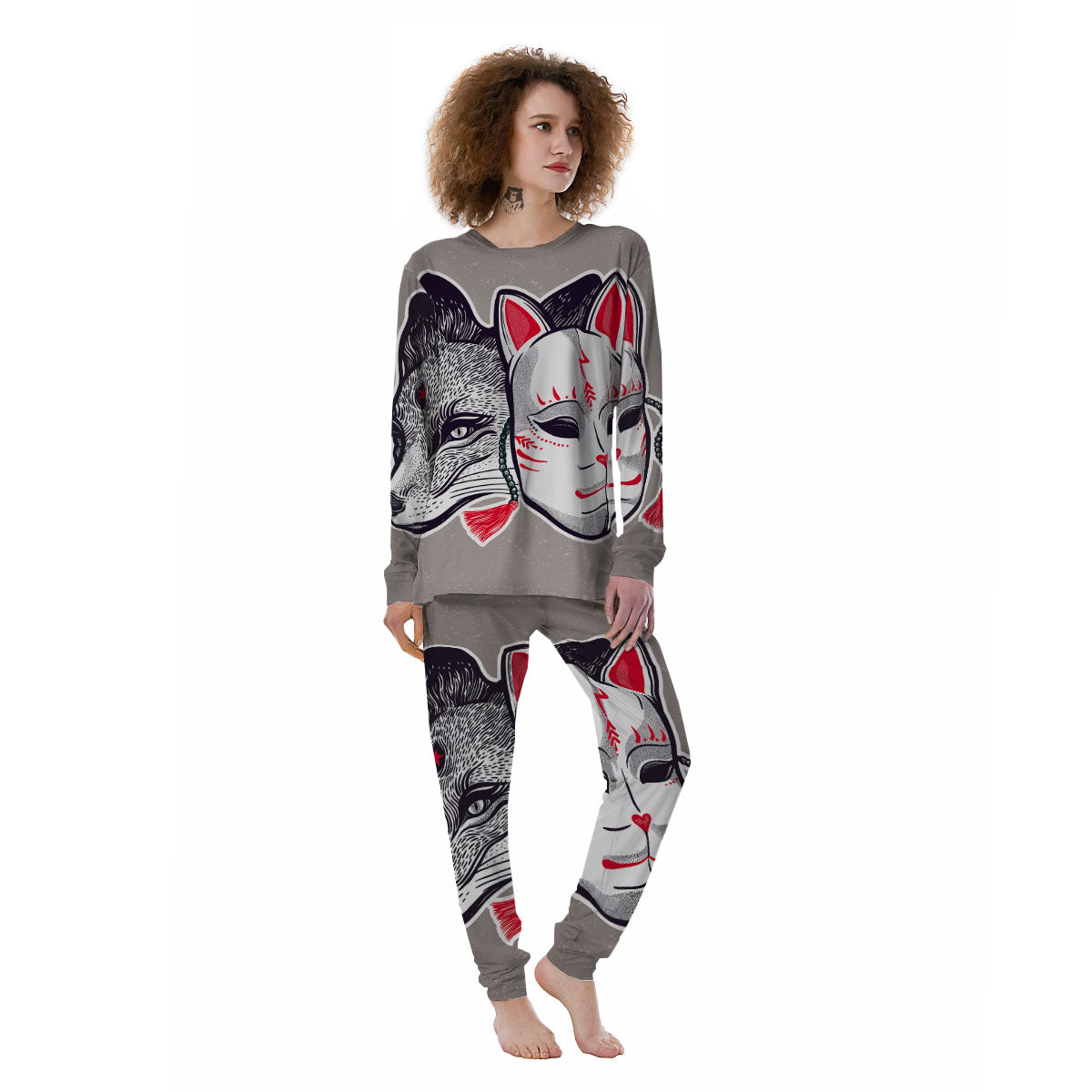 Mask Japanese Fox Print Women's Pajamas-grizzshop
