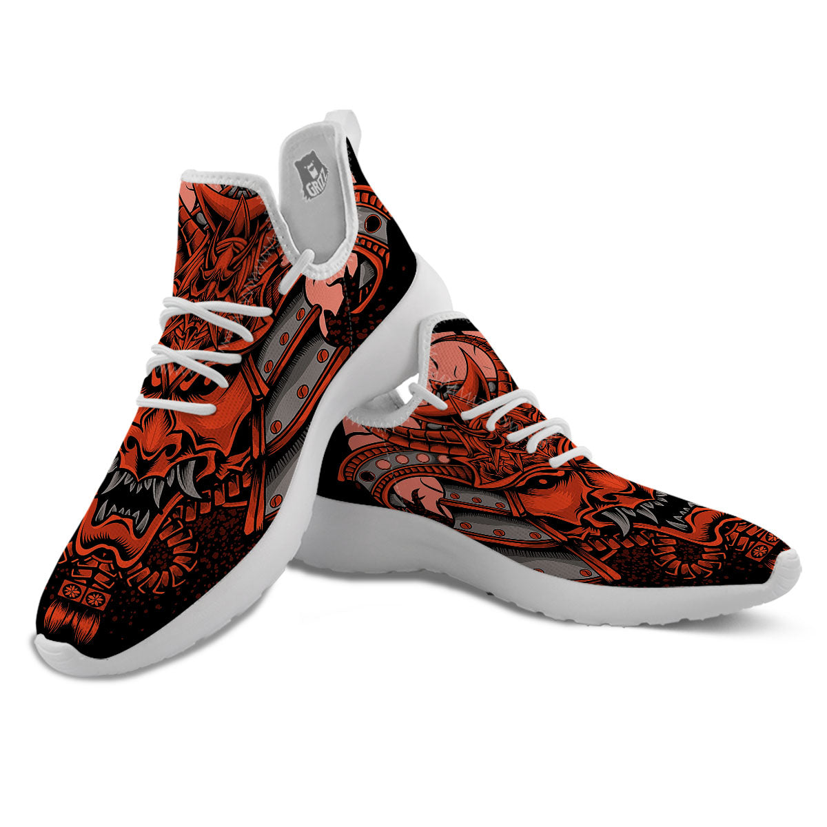 Mask Red Samurai Print White Athletic Shoes-grizzshop