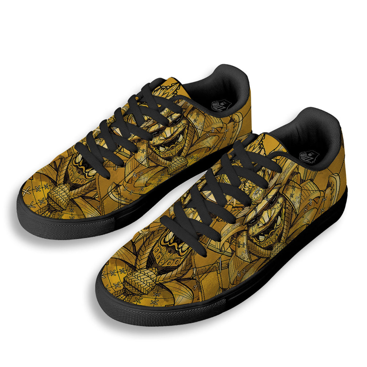 Mask Samurai Gold Print Black Low Top Sneakers-grizzshop