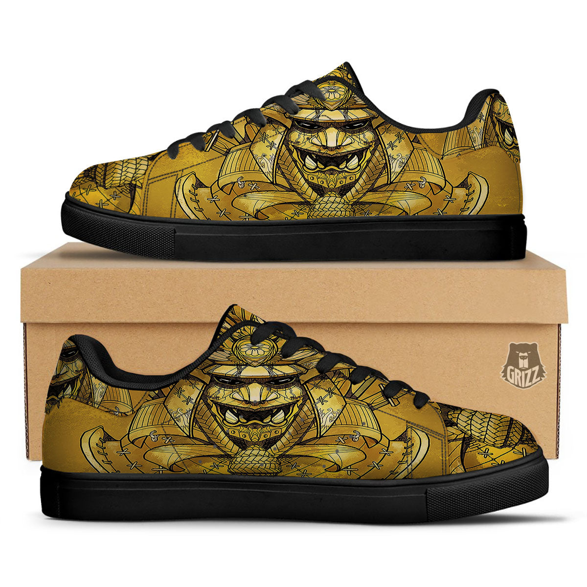 Mask Samurai Gold Print Black Low Top Sneakers-grizzshop