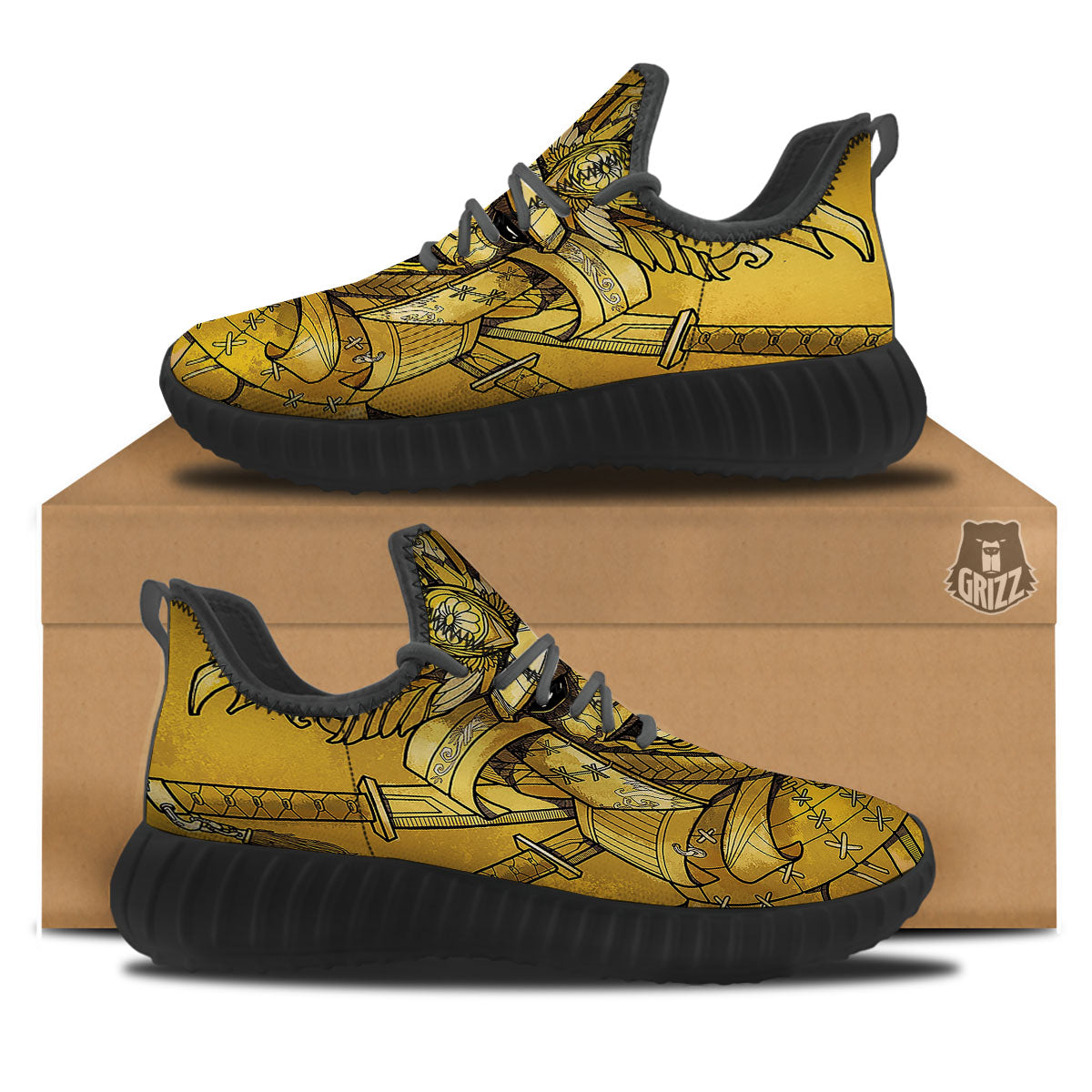 Mask Samurai Gold Print Black Walking Shoes-grizzshop