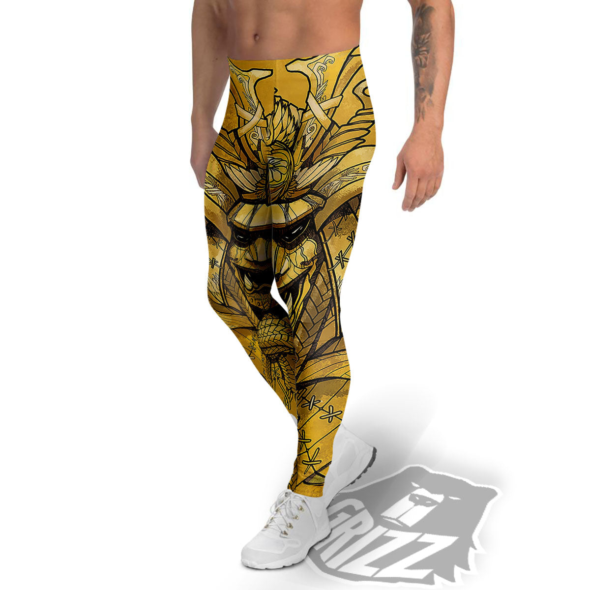 Mask Samurai Gold Print Men's Leggings-grizzshop