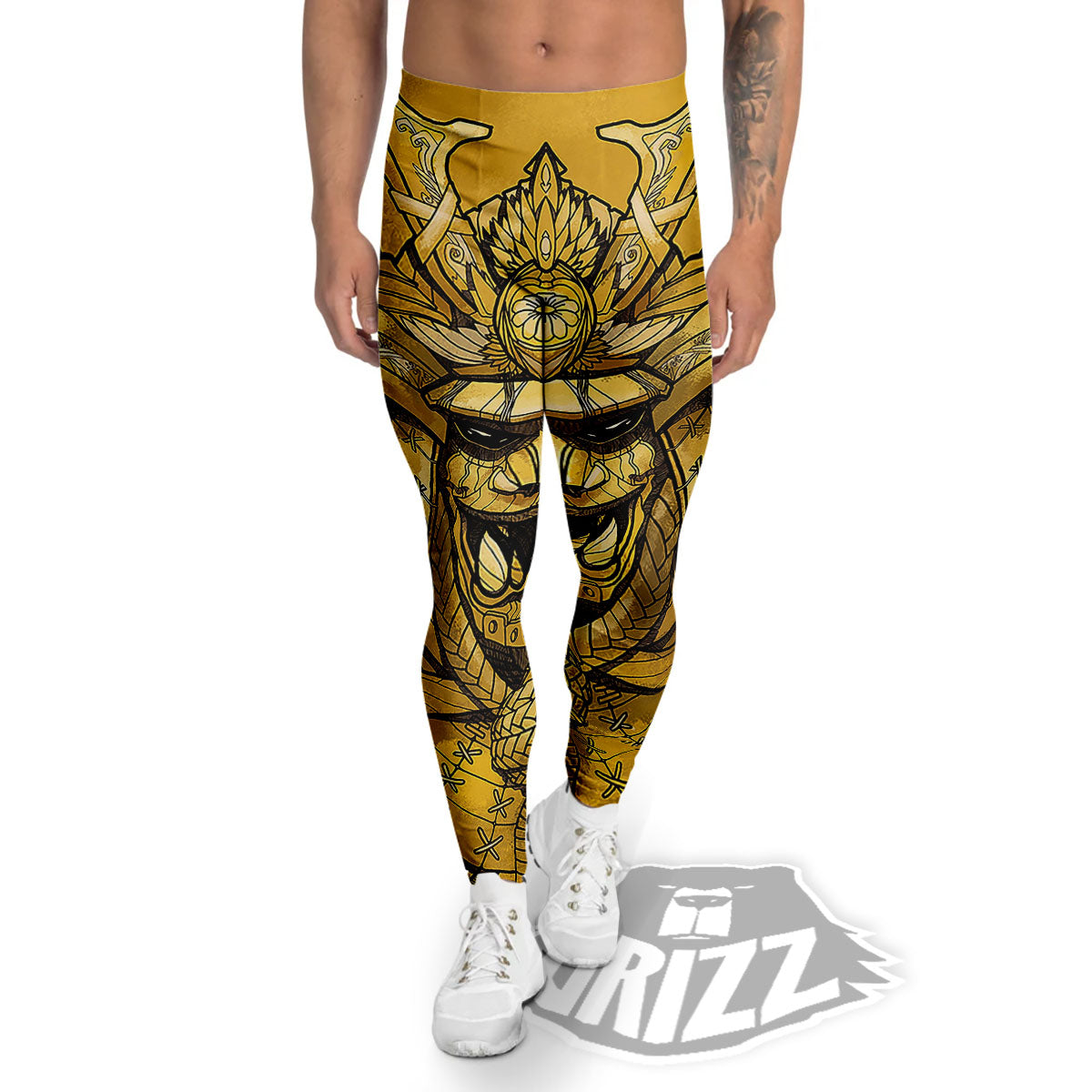 Mask Samurai Gold Print Men's Leggings-grizzshop