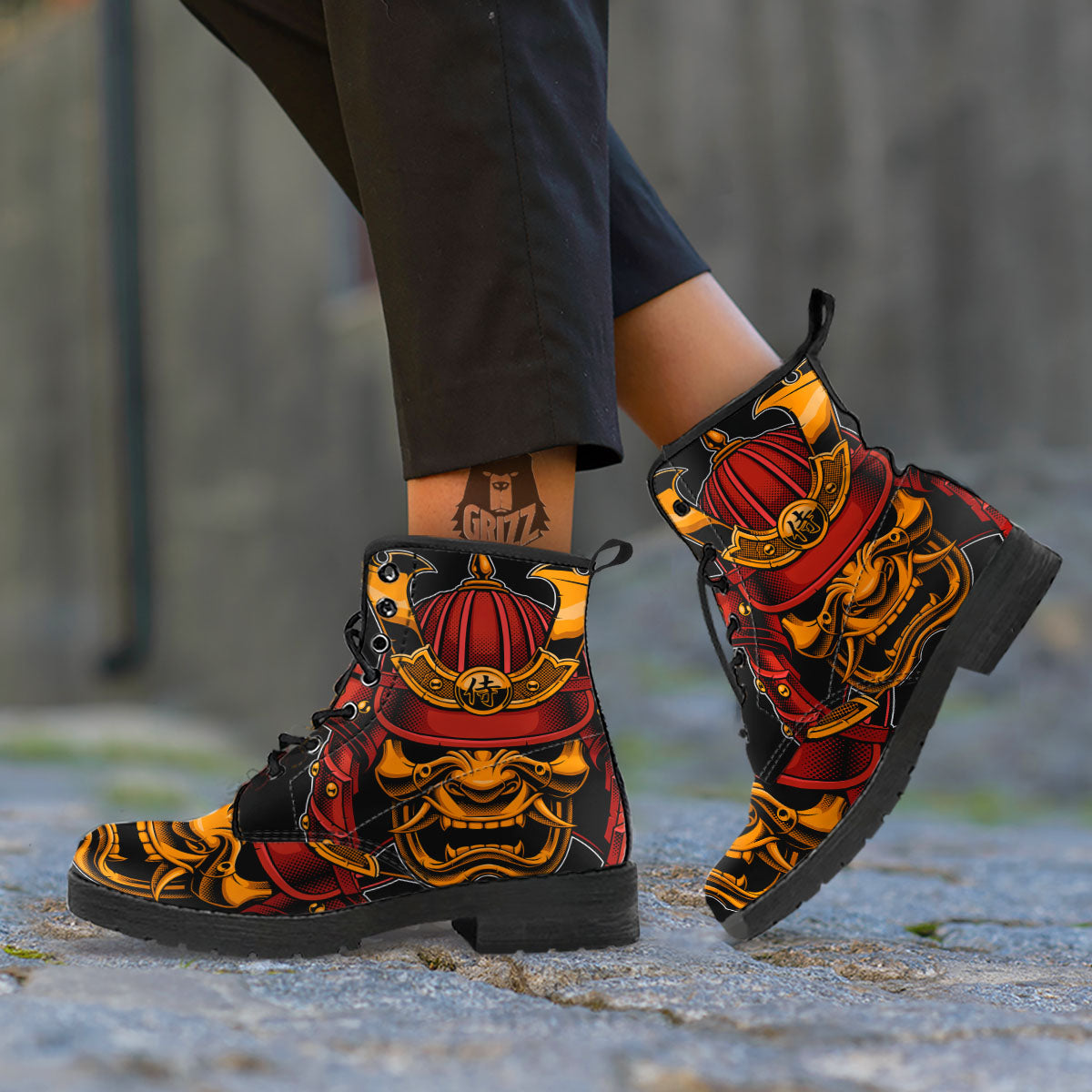 Mask Samurai Warrior Print Leather Boots – Grizzshopping