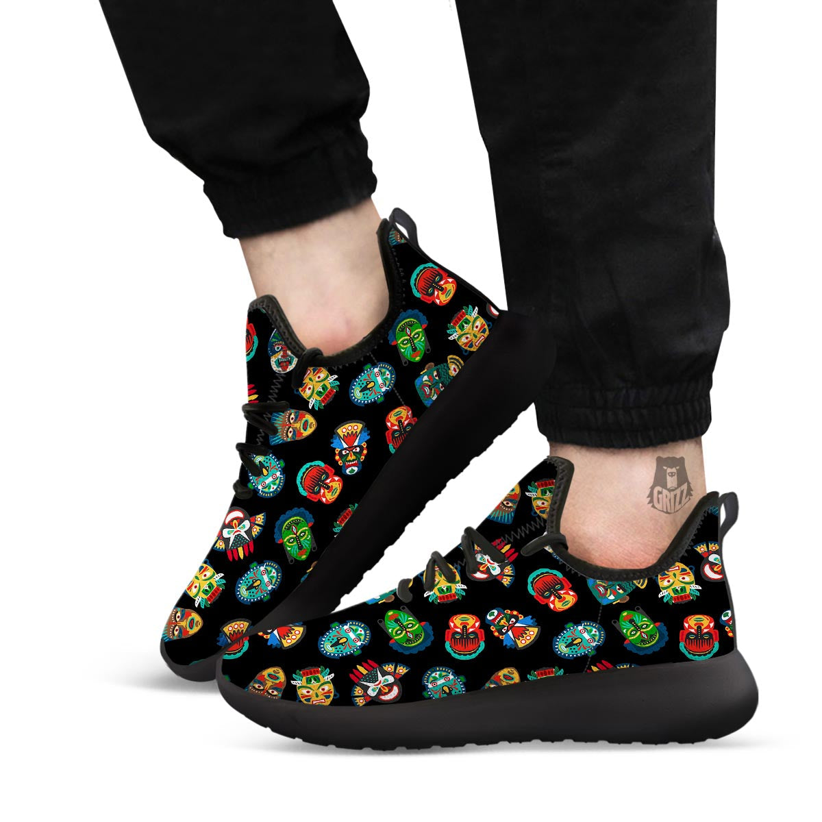 Mask Tribal Tiki Print Pattern Black Athletic Shoes-grizzshop