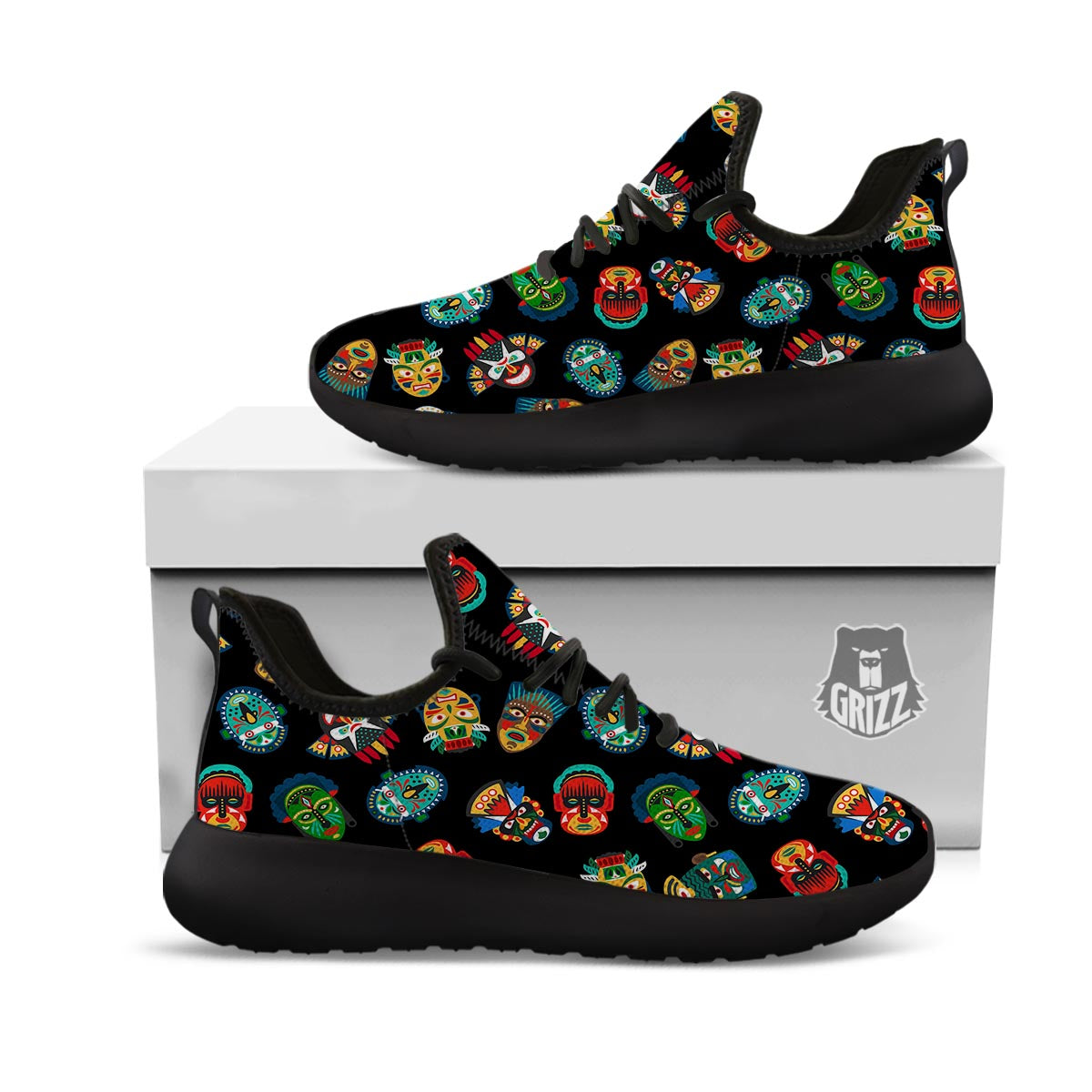 Mask Tribal Tiki Print Pattern Black Athletic Shoes-grizzshop