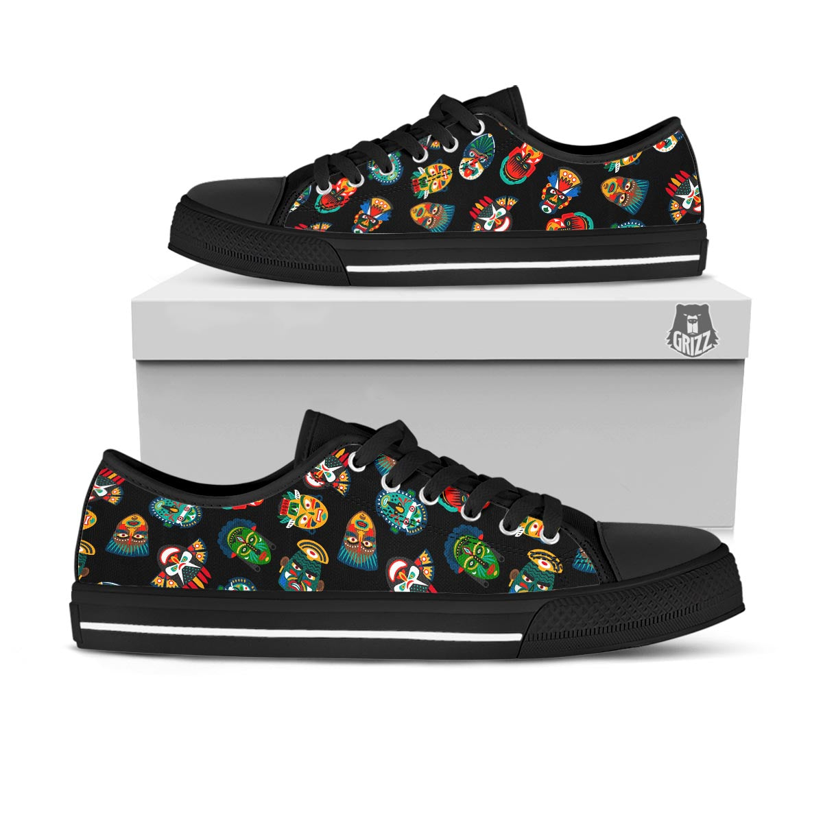 Mask Tribal Tiki Print Pattern Black Low Top Shoes-grizzshop