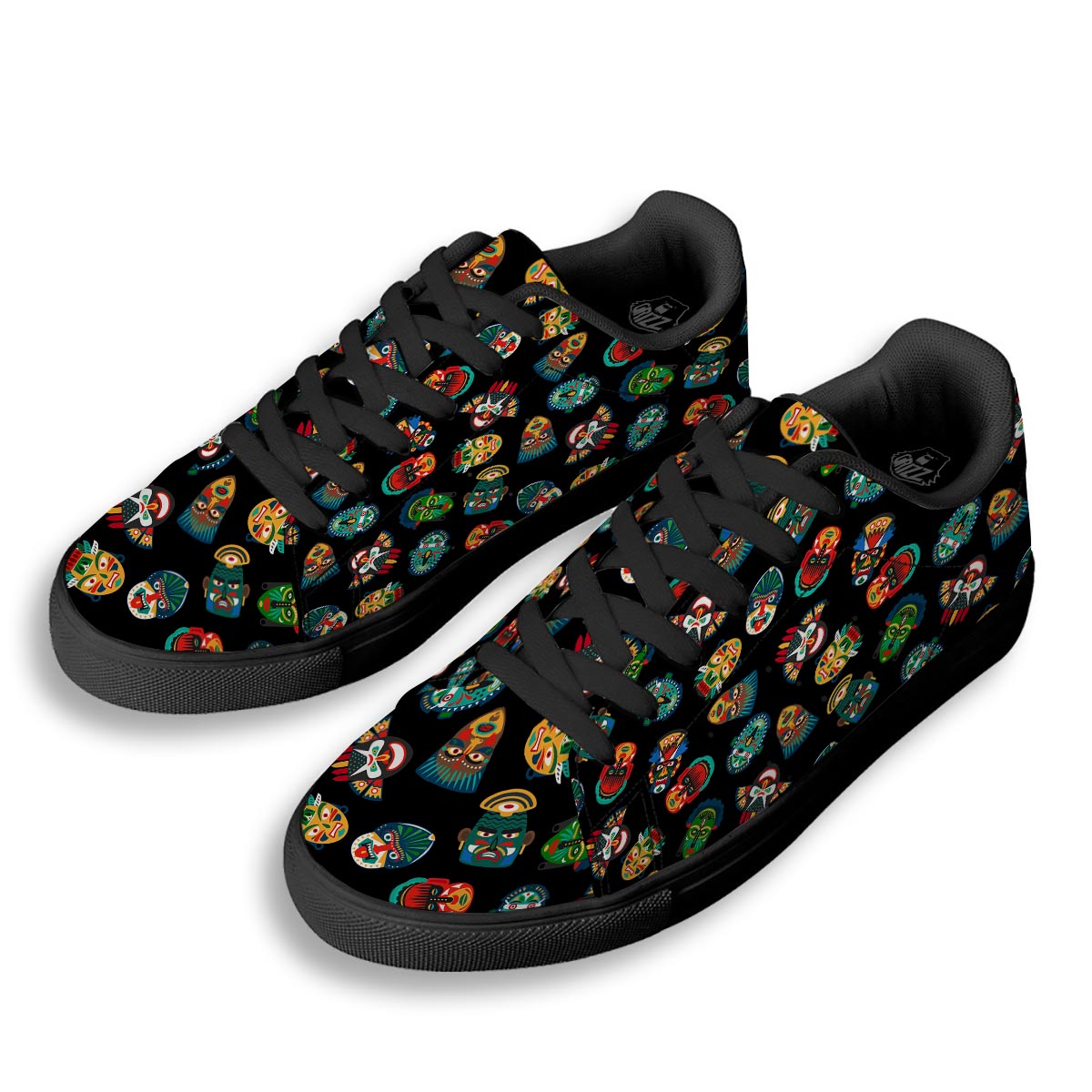Mask Tribal Tiki Print Pattern Black Low Top Sneakers-grizzshop
