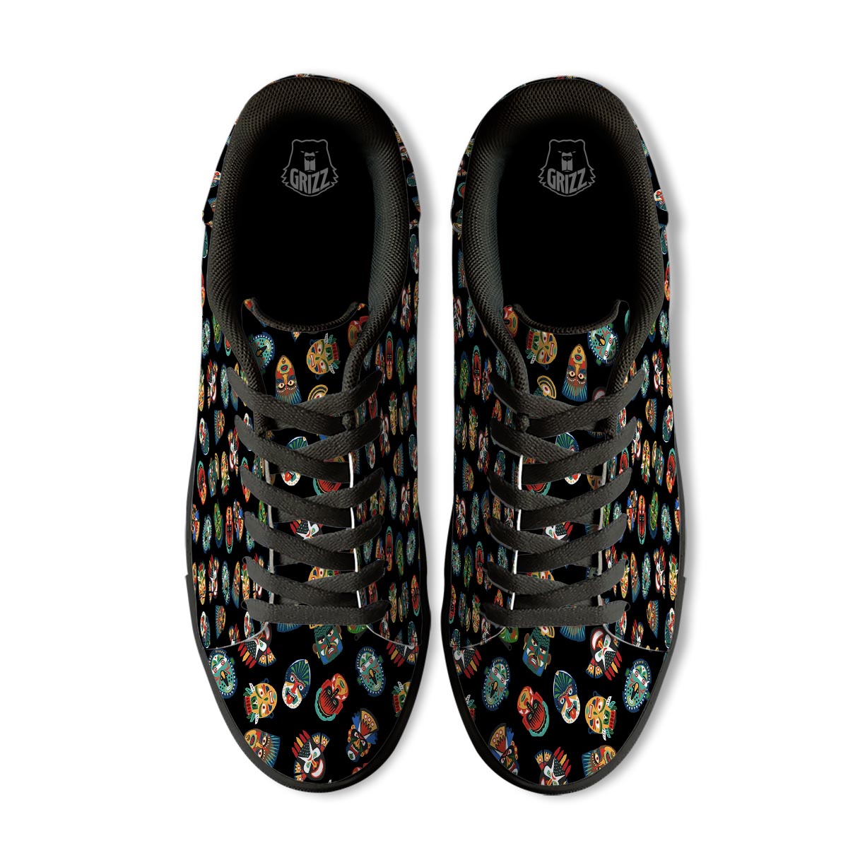 Mask Tribal Tiki Print Pattern Black Low Top Sneakers-grizzshop