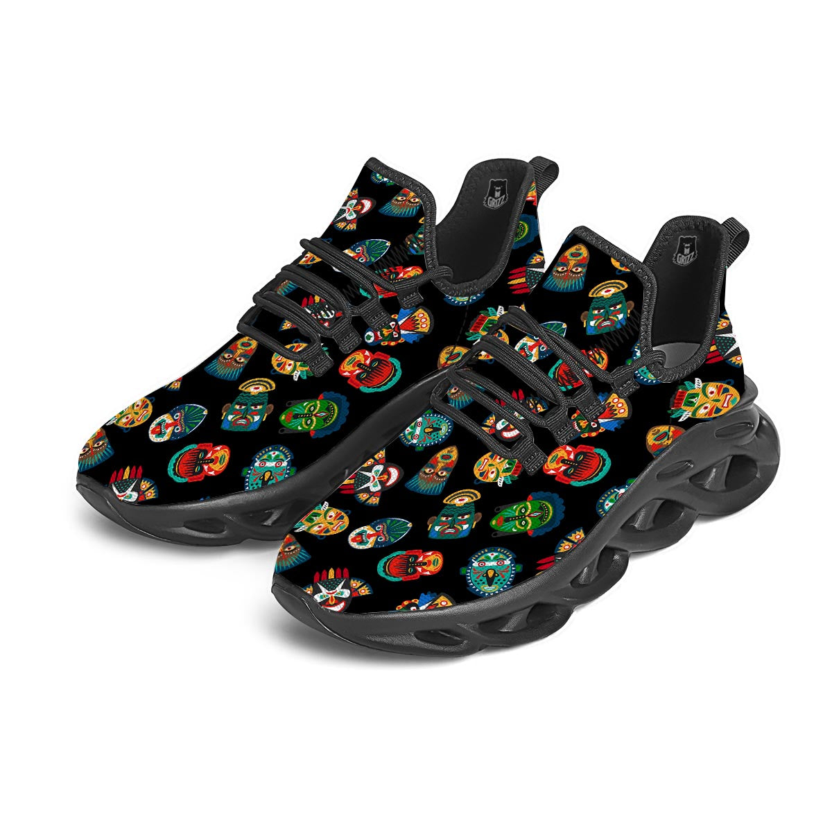 Mask Tribal Tiki Print Pattern Black Running Shoes-grizzshop