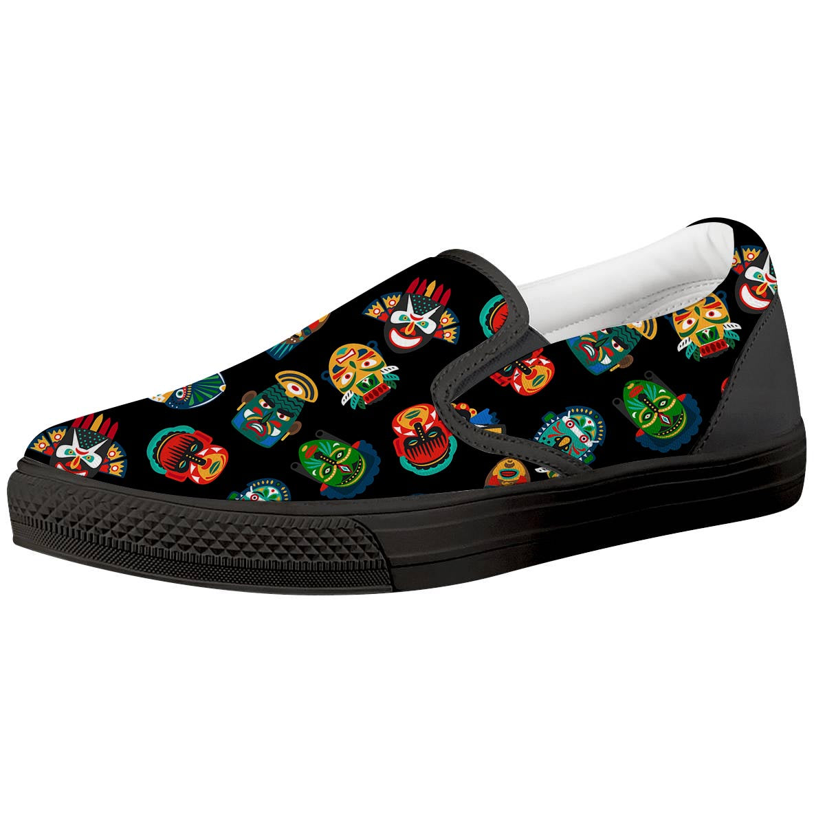 Mask Tribal Tiki Print Pattern Black Slip On Shoes-grizzshop