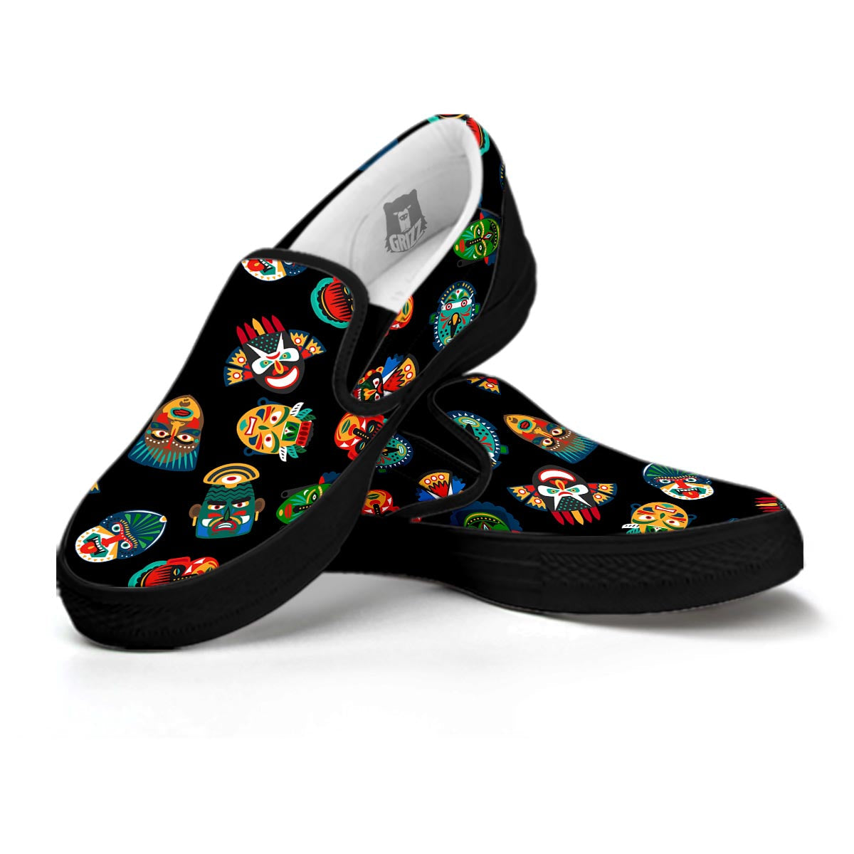 Mask Tribal Tiki Print Pattern Black Slip On Shoes-grizzshop