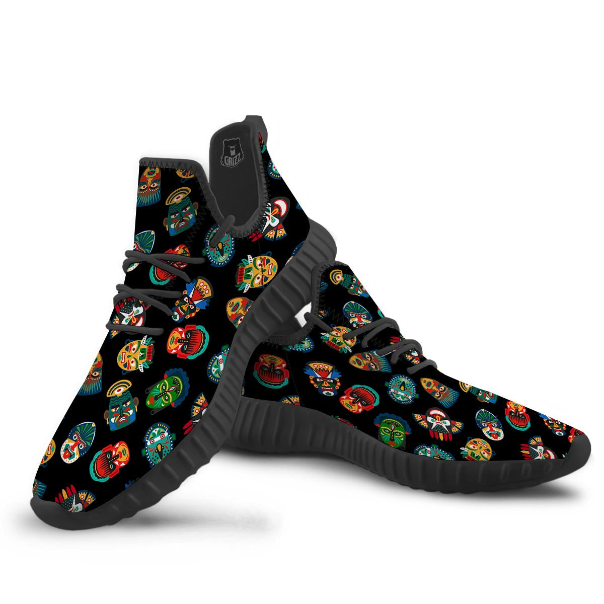 Mask Tribal Tiki Print Pattern Black Walking Shoes-grizzshop