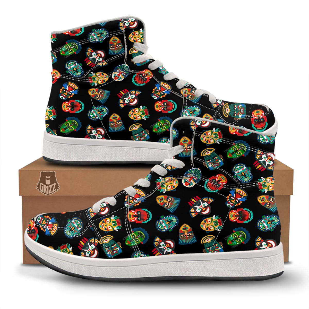 Mask Tribal Tiki Print Pattern High Top Sneakers-grizzshop