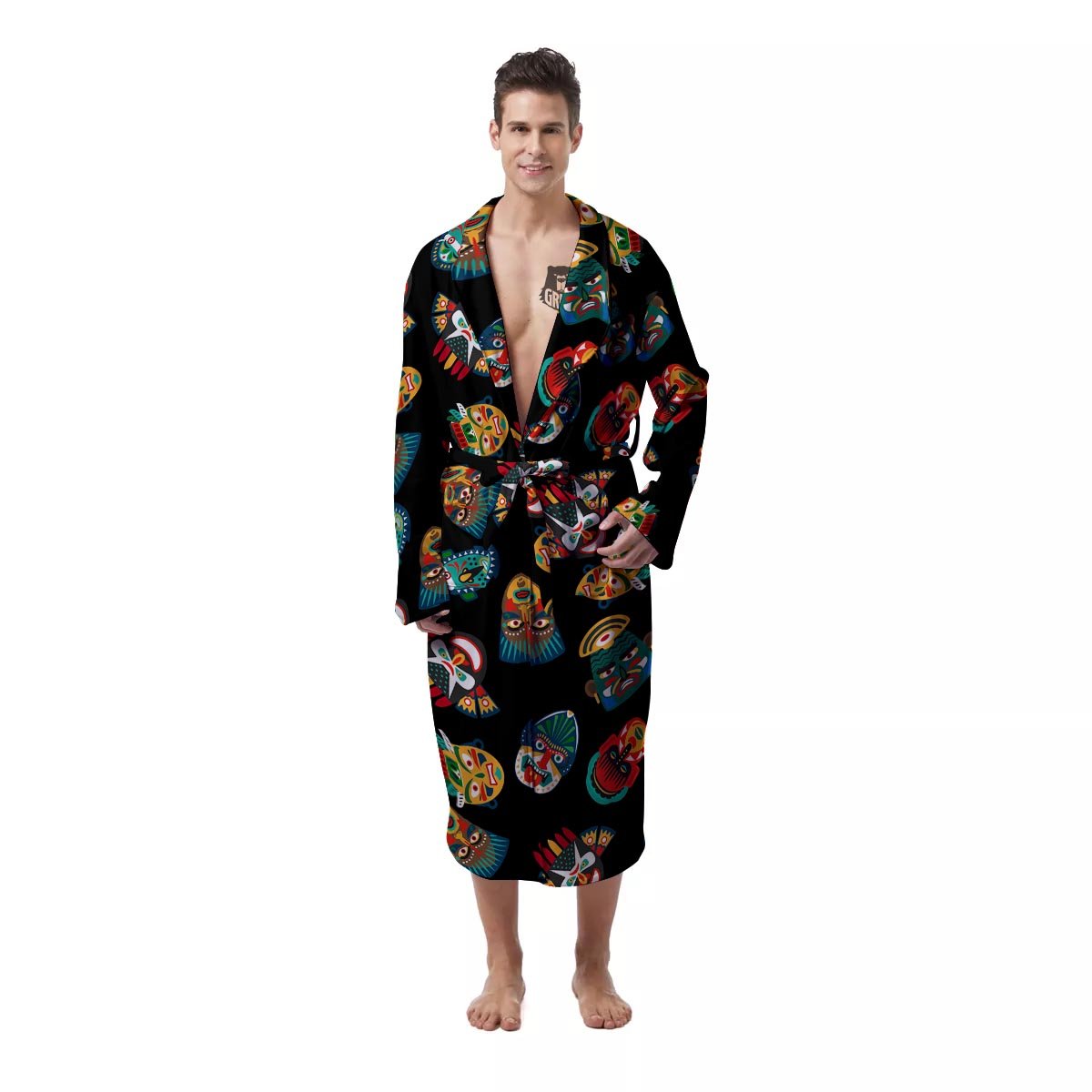 Mask Tribal Tiki Print Pattern Men's Robe-grizzshop