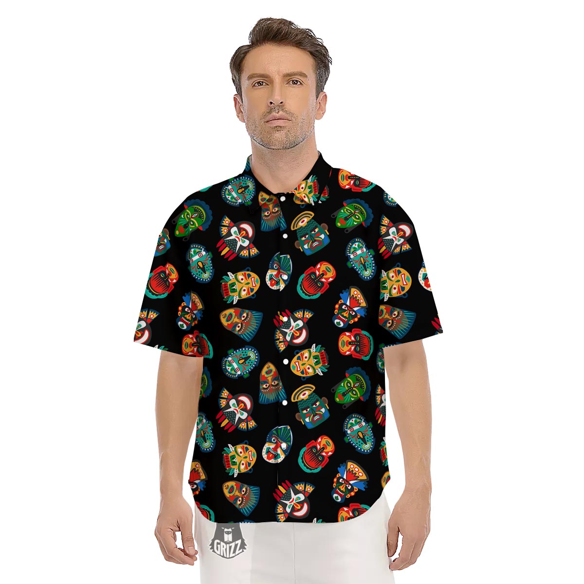 Mask Tribal Tiki Print Pattern Men's Short Sleeve Shirts-grizzshop