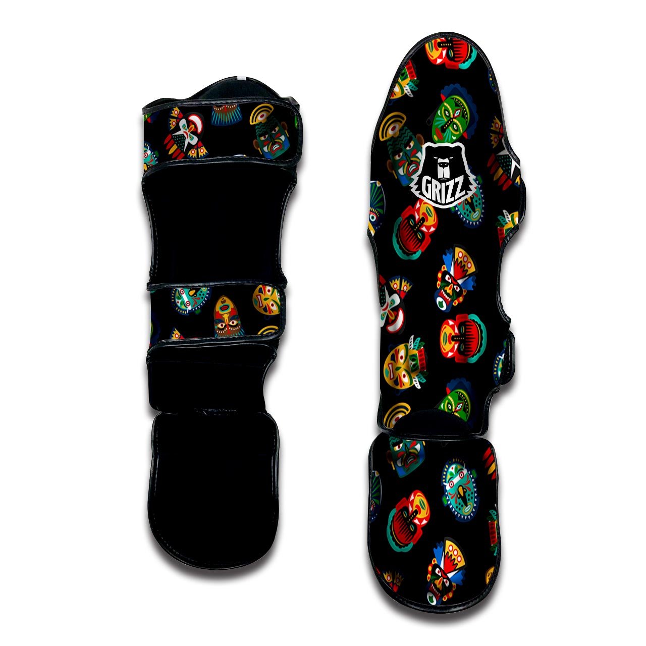 Mask Tribal Tiki Print Pattern Muay Thai Shin Guards-grizzshop