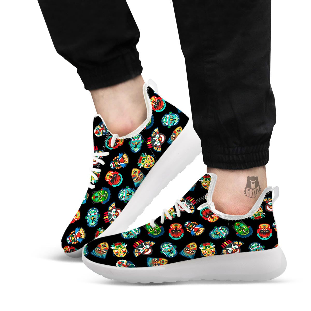 Mask Tribal Tiki Print Pattern White Athletic Shoes-grizzshop