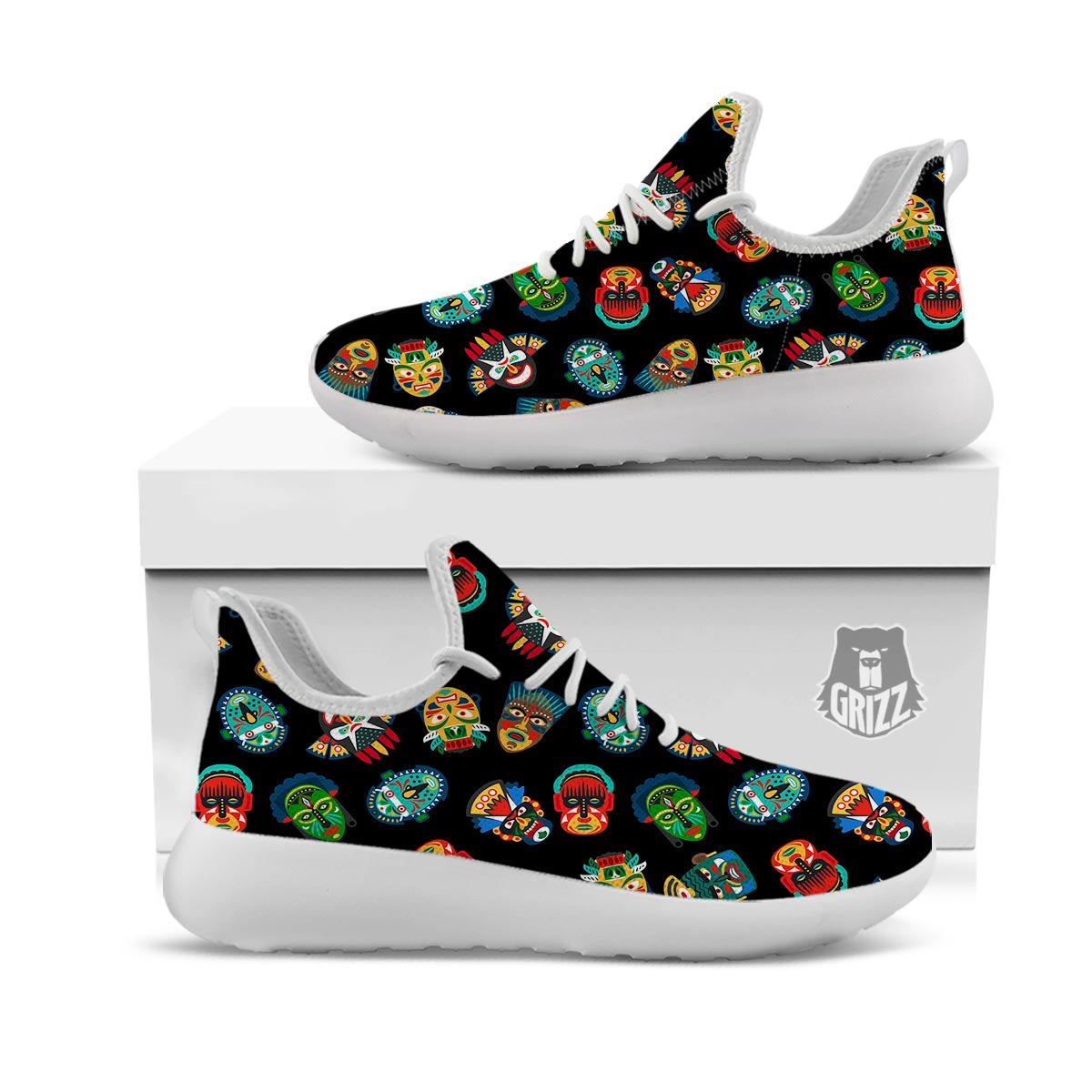 Mask Tribal Tiki Print Pattern White Athletic Shoes-grizzshop
