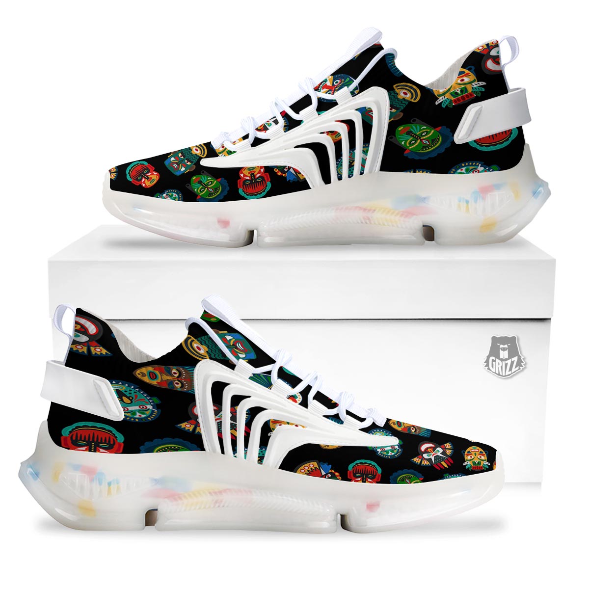 Mask Tribal Tiki Print Pattern White Gym Shoes-grizzshop