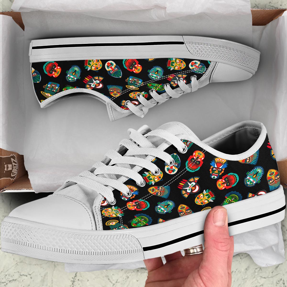 Mask Tribal Tiki Print Pattern White Low Top Shoes-grizzshop