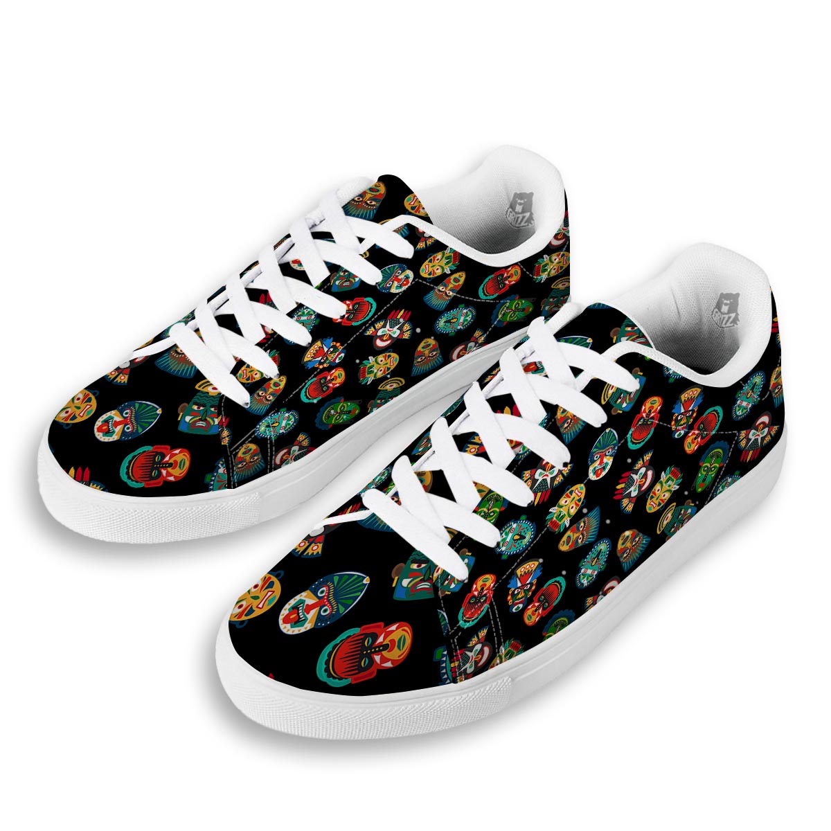 Mask Tribal Tiki Print Pattern White Low Top Sneakers-grizzshop