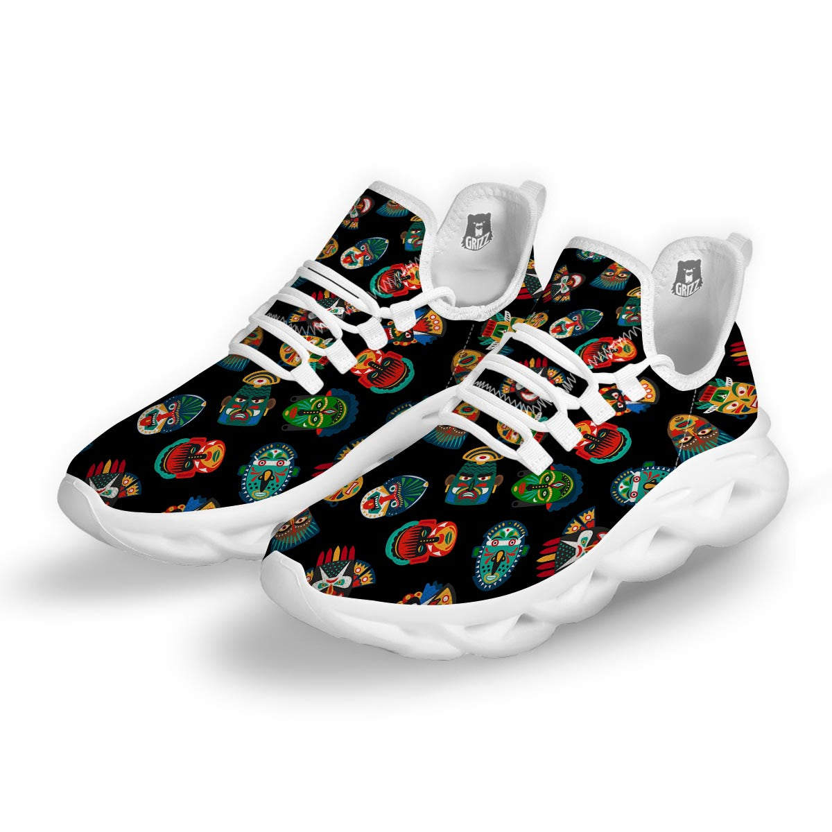 Mask Tribal Tiki Print Pattern White Running Shoes-grizzshop
