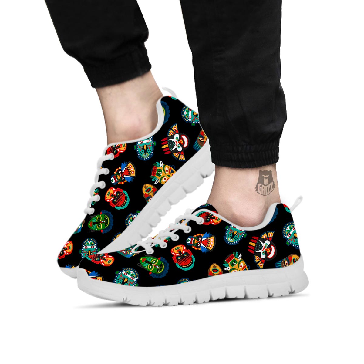 Mask Tribal Tiki Print Pattern White Sneaker-grizzshop