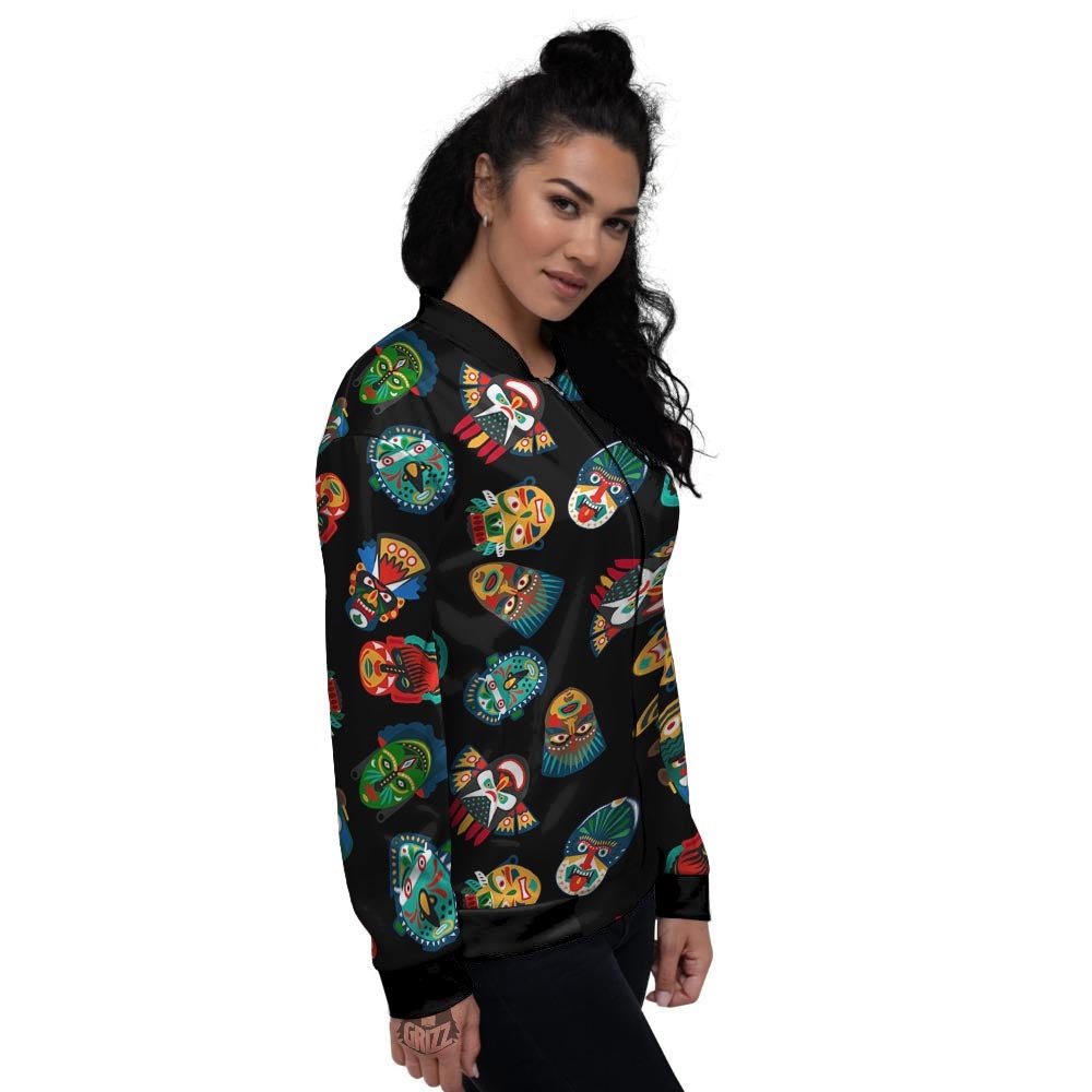 Mask Tribal Tiki Print Pattern Women's Bomber Jacket-grizzshop