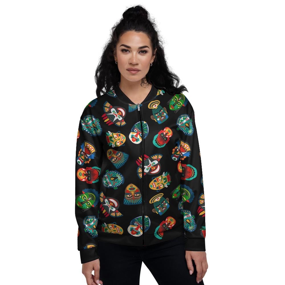 Mask Tribal Tiki Print Pattern Women's Bomber Jacket-grizzshop