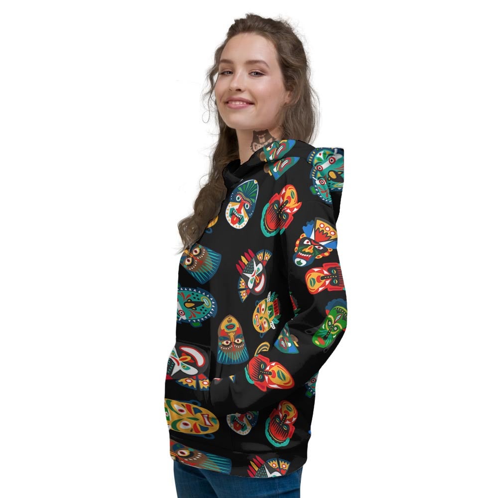 Mask Tribal Tiki Print Pattern Women's Hoodie-grizzshop