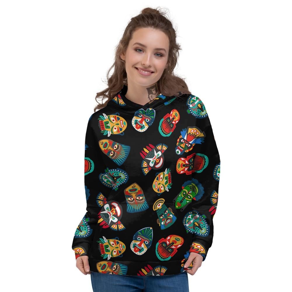 Mask Tribal Tiki Print Pattern Women's Hoodie-grizzshop
