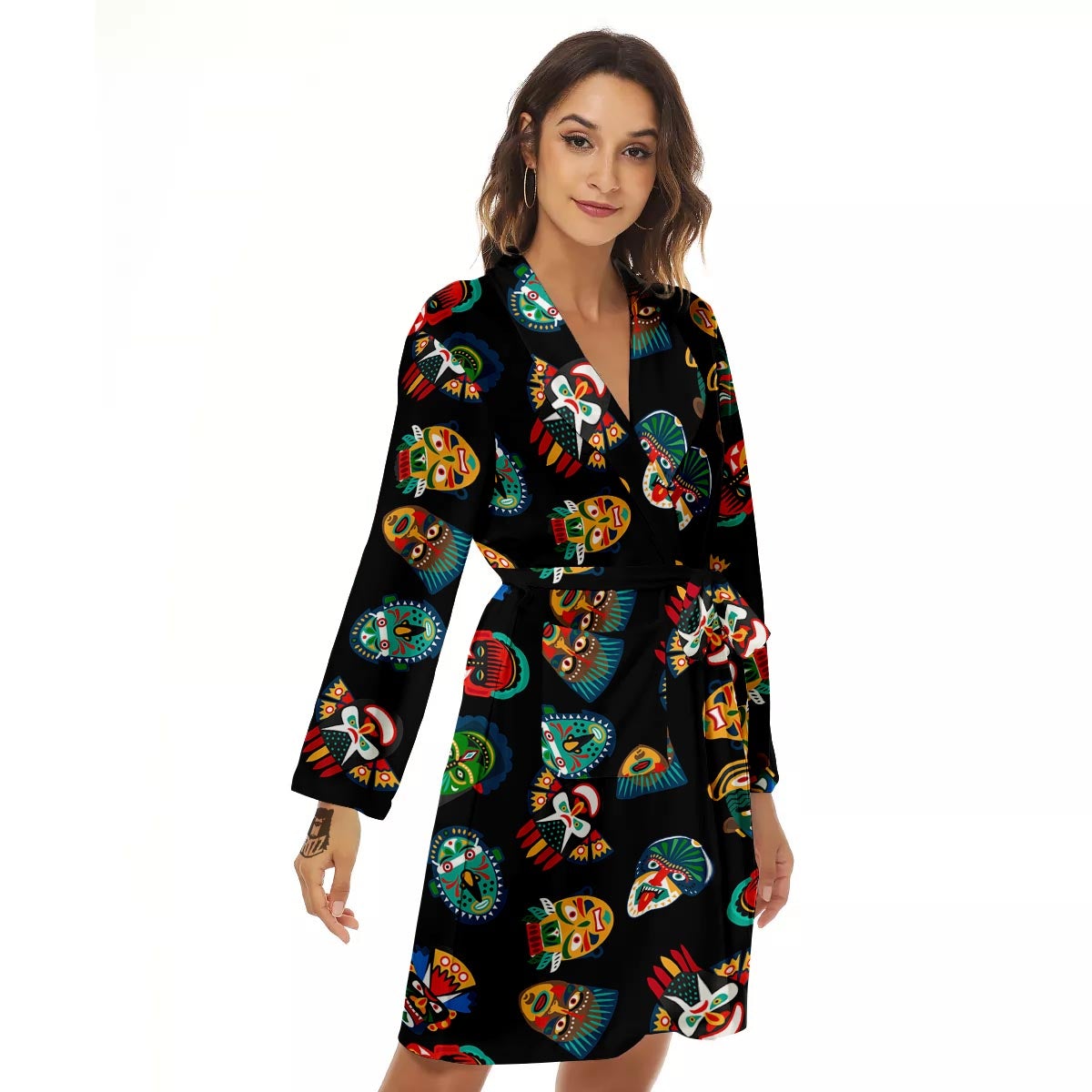 Mask Tribal Tiki Print Pattern Women's Robe-grizzshop