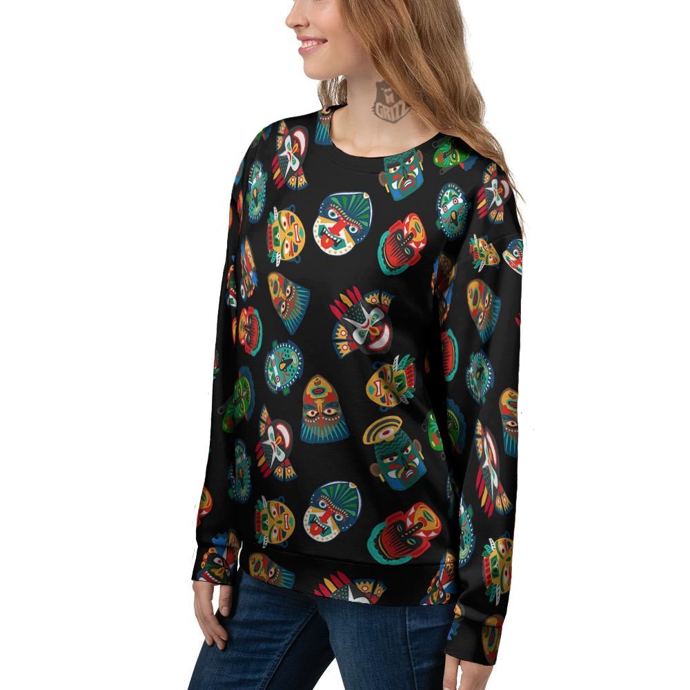Mask Tribal Tiki Print Pattern Women's Sweatshirt-grizzshop