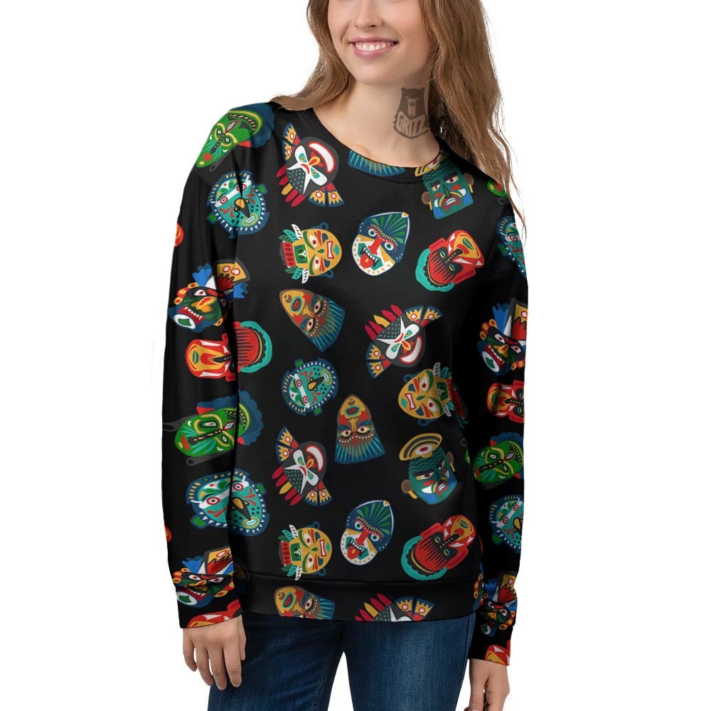 Mask Tribal Tiki Print Pattern Women's Sweatshirt-grizzshop