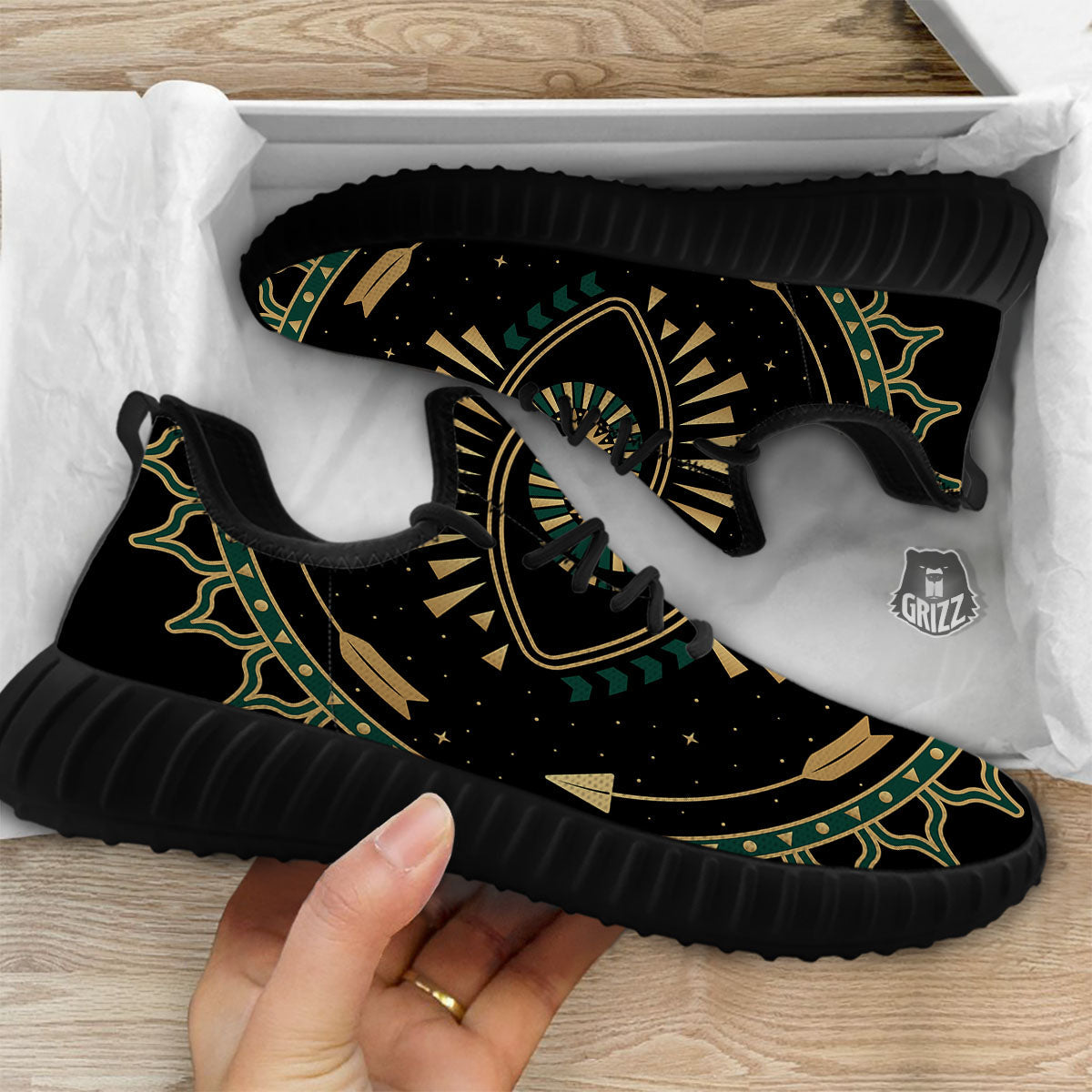 Masonic Eye Green Print Black Walking Shoes-grizzshop