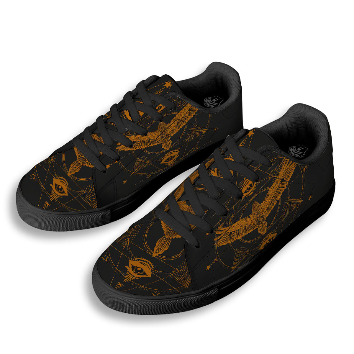 Masonic Eye Raven Print Black Low Top Sneakers-grizzshop