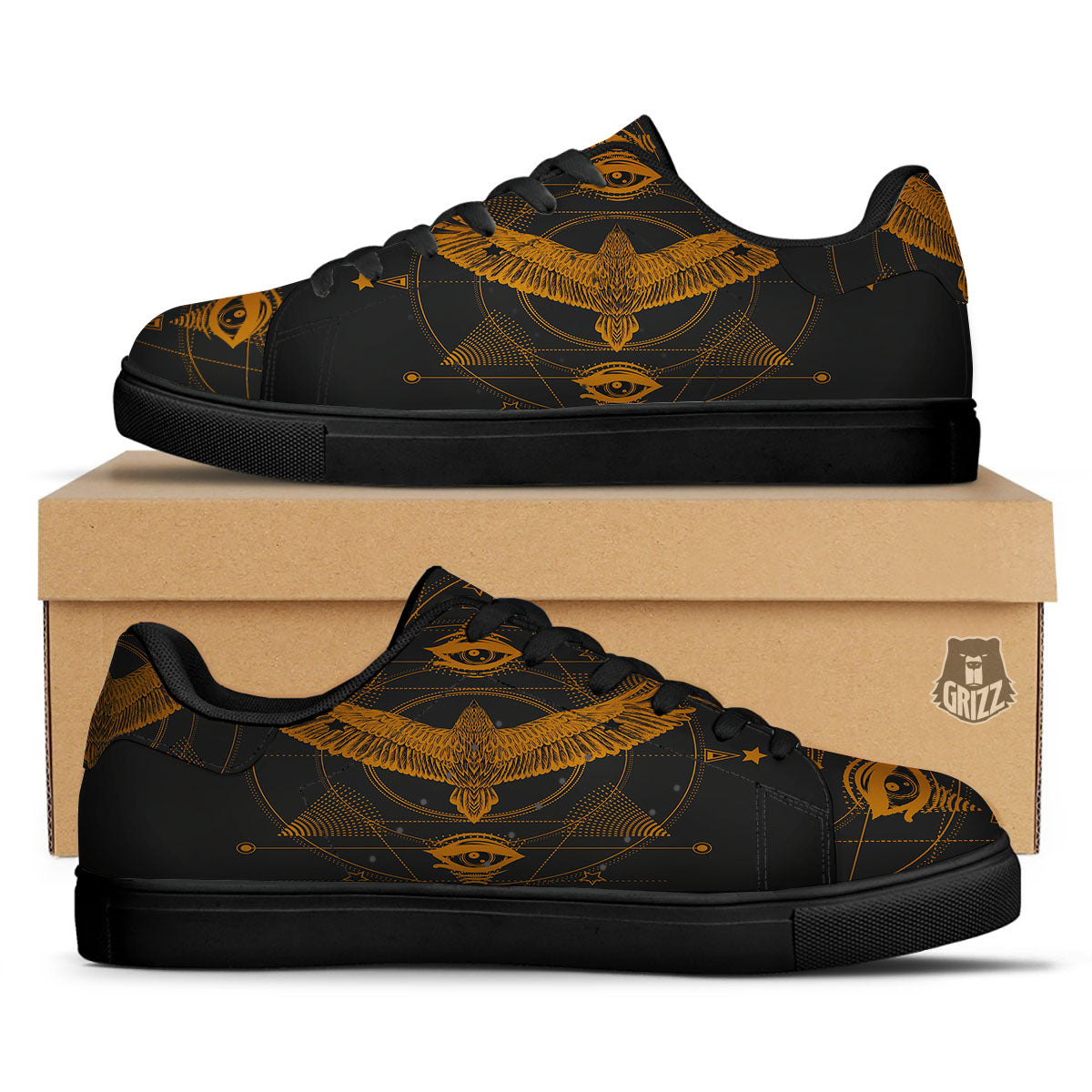Masonic Eye Raven Print Black Low Top Sneakers-grizzshop