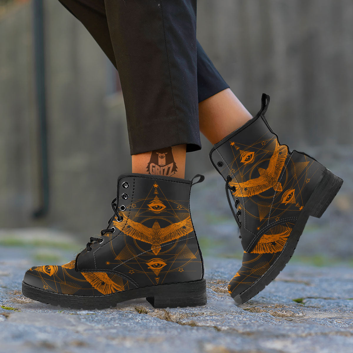 Masonic Eye Raven Print Leather Boots-grizzshop