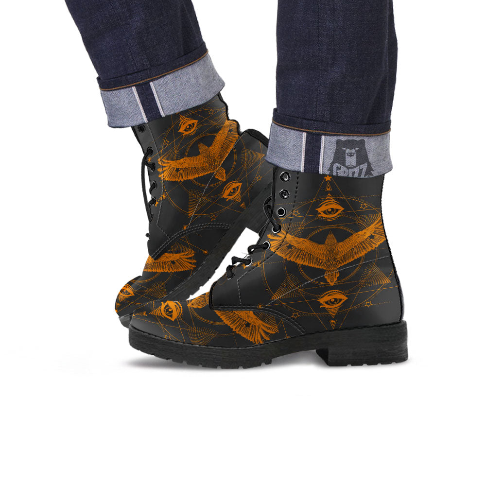 Masonic Eye Raven Print Leather Boots-grizzshop