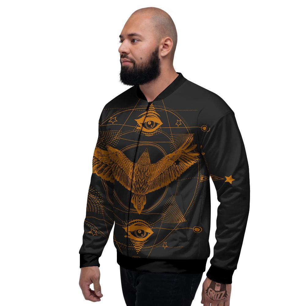 Masonic Eye Raven Print Men's Bomber Jacket-grizzshop