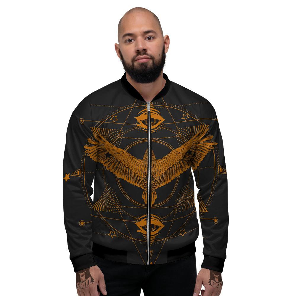 Masonic Eye Raven Print Men's Bomber Jacket-grizzshop