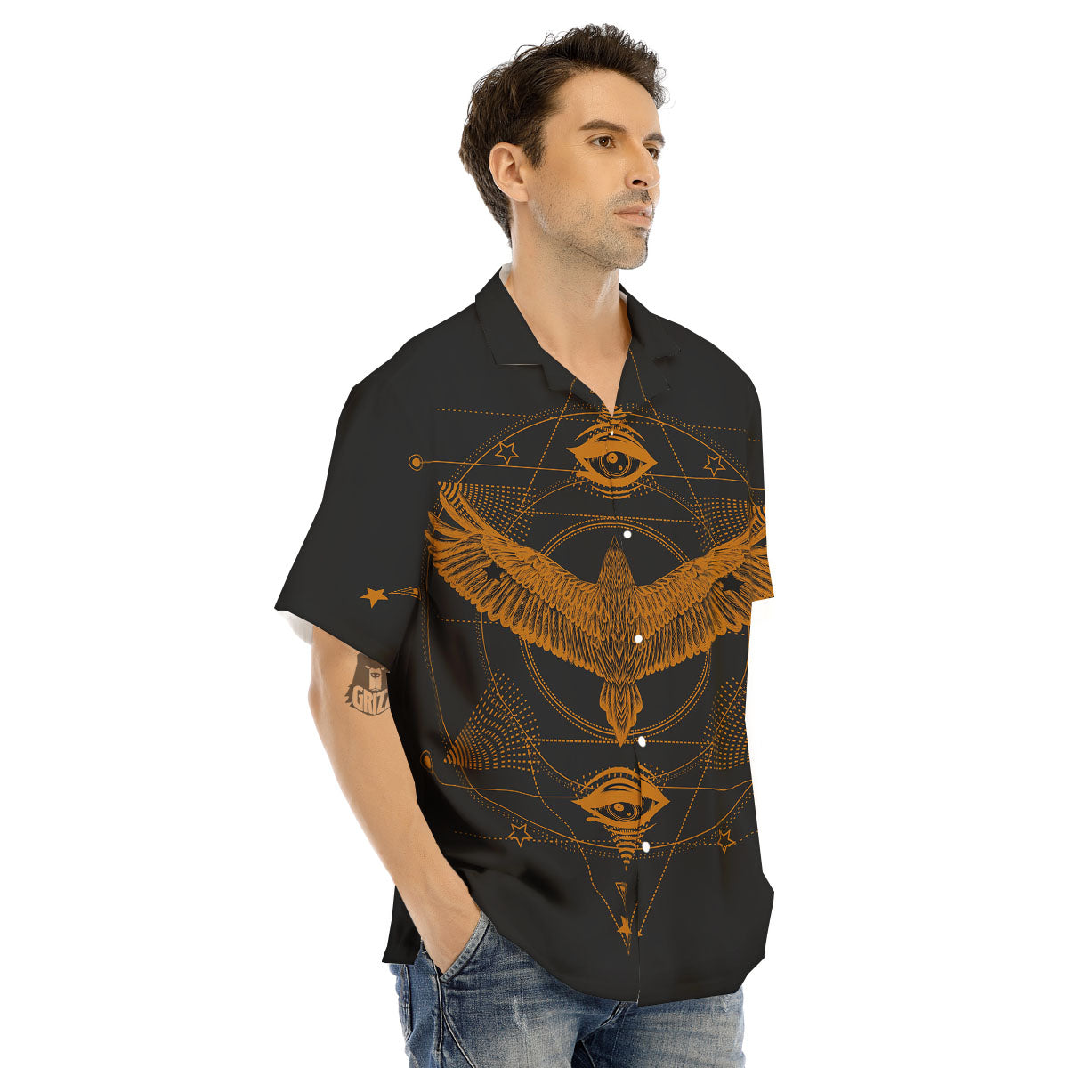 Masonic Eye Raven Print Men's Hawaiian Shirt-grizzshop