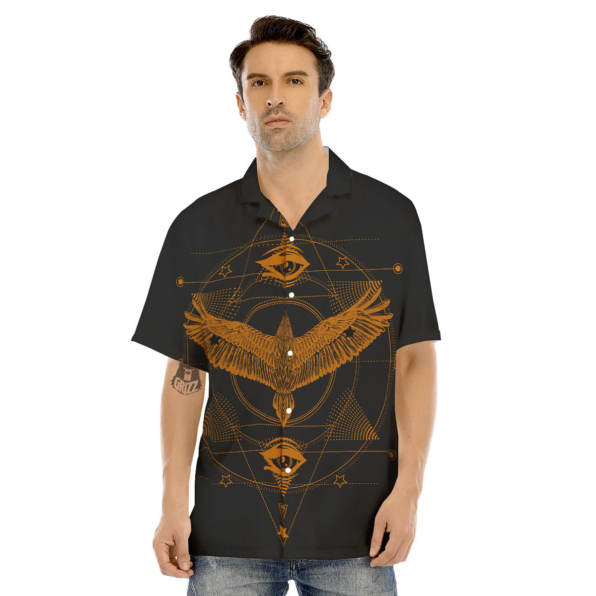 Masonic Eye Raven Print Men's Hawaiian Shirt-grizzshop