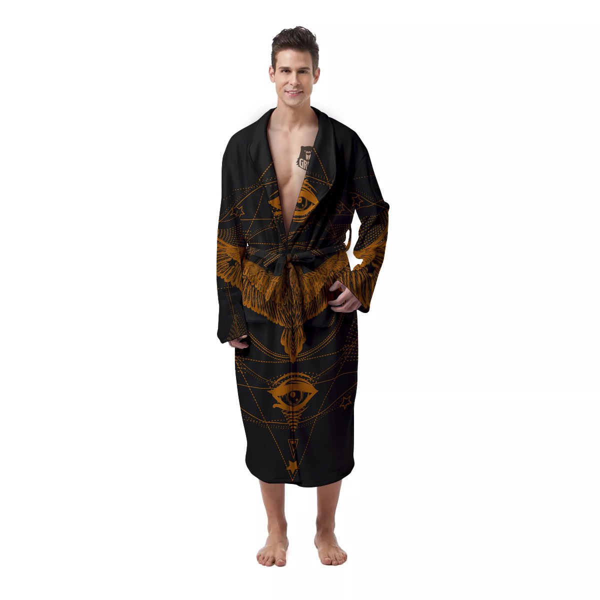 Masonic Eye Raven Print Men's Robe-grizzshop