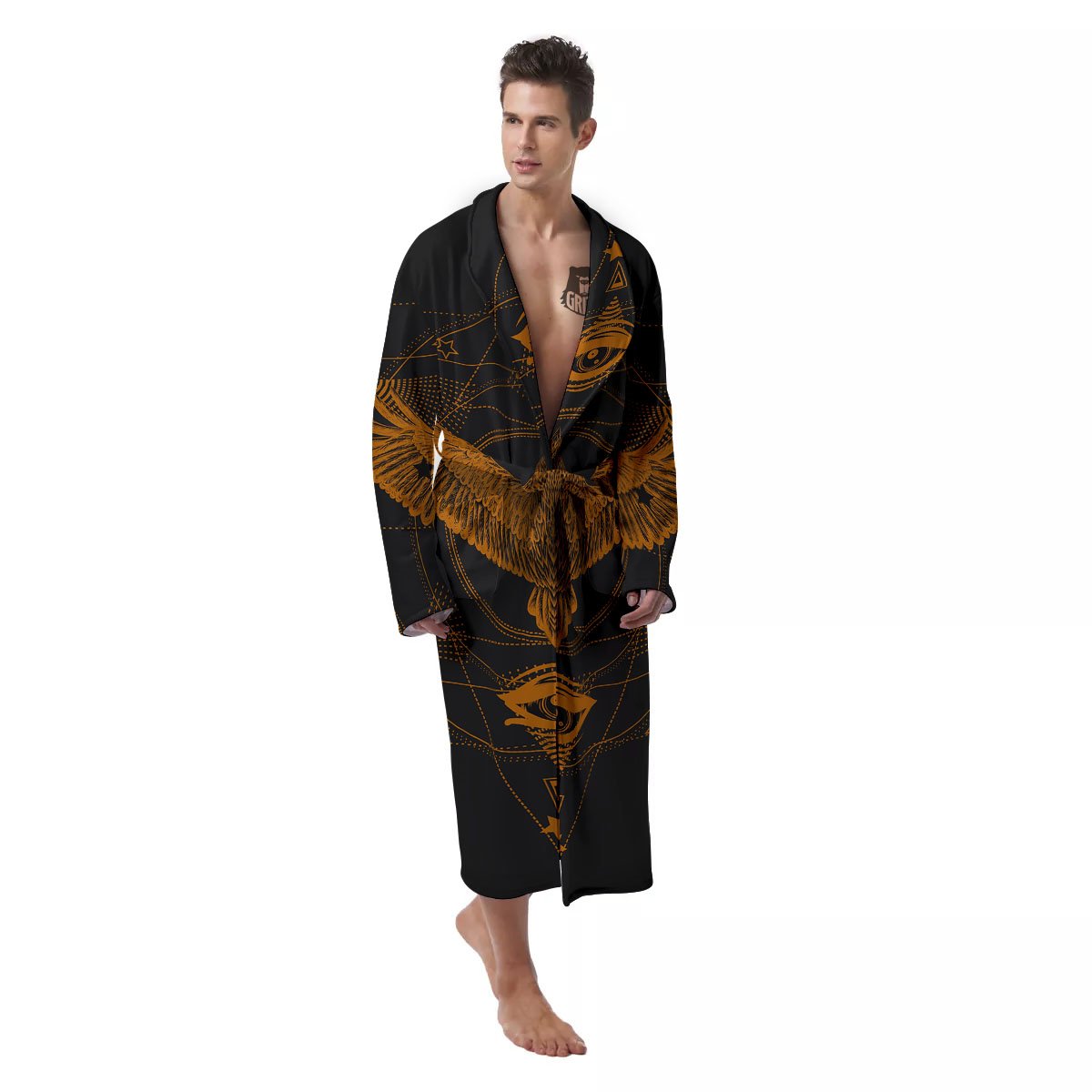 Masonic Eye Raven Print Men's Robe-grizzshop