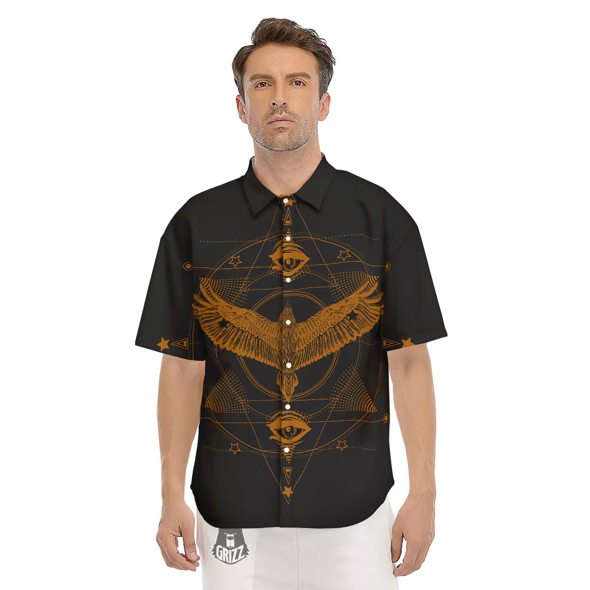 Masonic Eye Raven Print Men's Short Sleeve Shirts-grizzshop