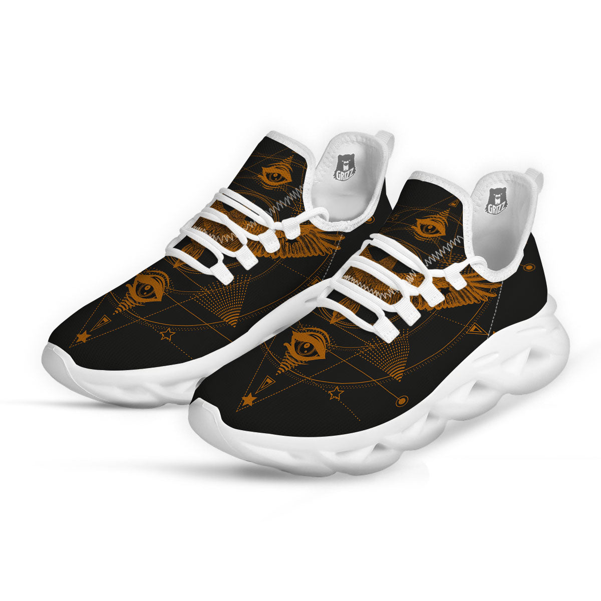Masonic Eye Raven Print White Running Shoes-grizzshop
